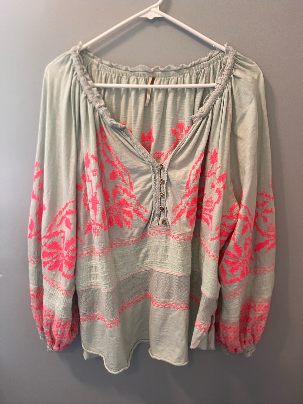 Free People Persausion Mint w/ pink embroidery boho flowy blouse  • small